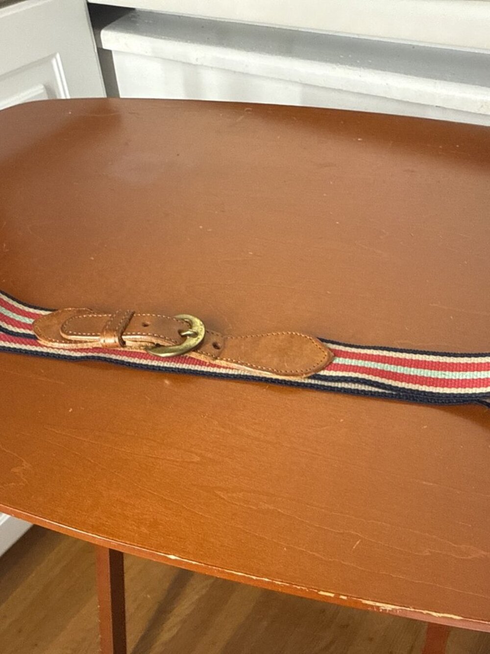 Vintage Unknown Designer Surcingle Belt Multi Color Striped 32 In Tip To Buckle